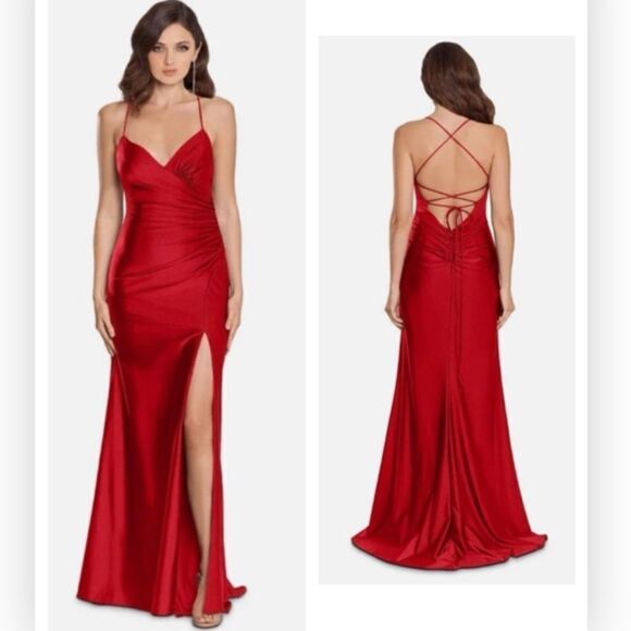 XSCAPE NWT Lace Up Jersey Gown Size 2 Red V Neck Ruched Slit Dress - Picture 1 of 5